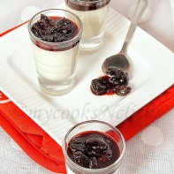 Vanilla mousse with red wine cherry syrup